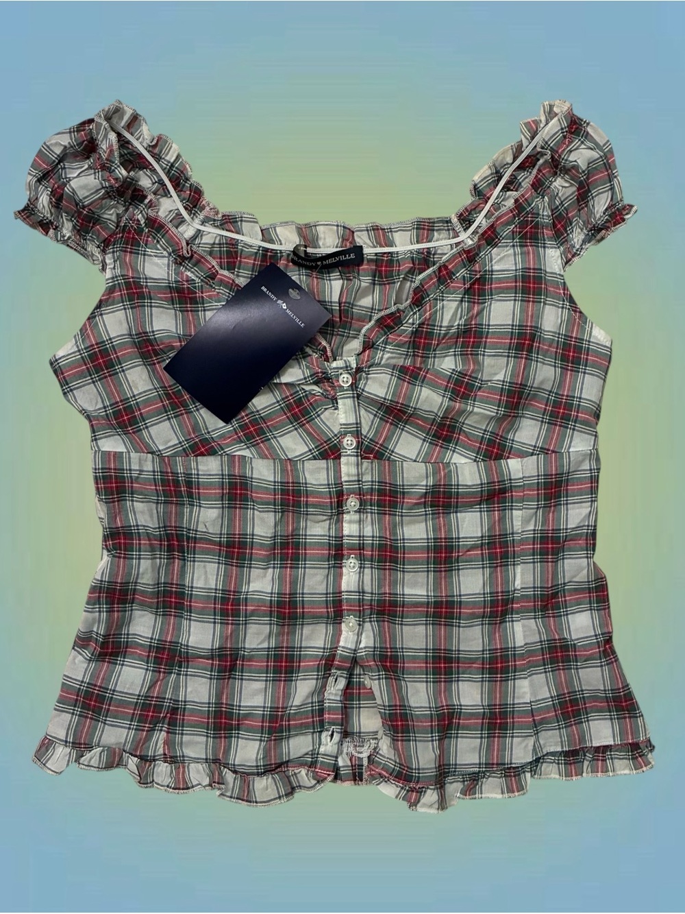 Brandy Melville Gray Plaid Button-Front Ruffle Cap Sleeve Top